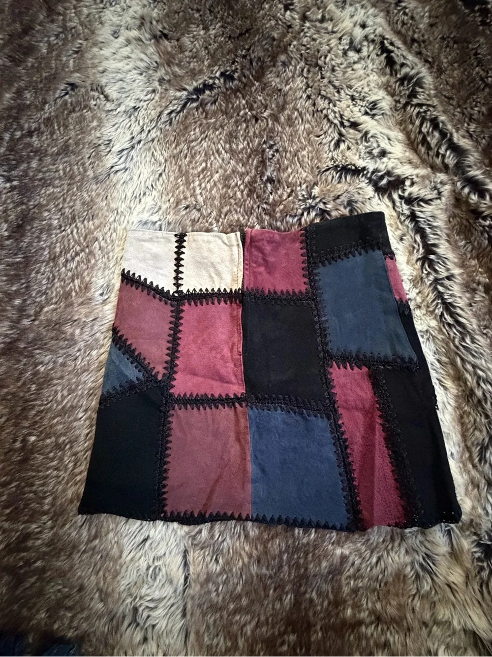 Zara Patchwork Suede Mini Skirt in Black, Burgundy, Navy & Cream